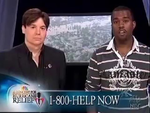Mike Meyers and Kanye West on television after Hurricane Katrina.