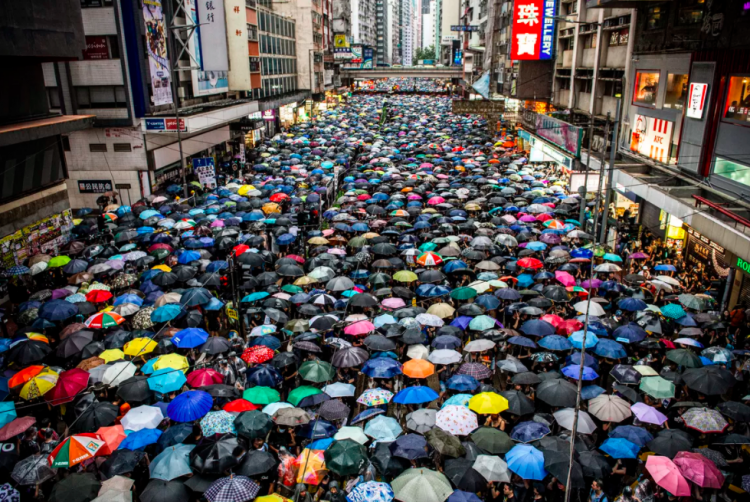 Protesters with umbrellas in Honk Kong, 2014.