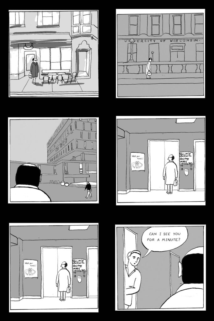 Six panels of Ascher's webcomic showing a man walking into a university elevator past a "Wash Your Hands" sign