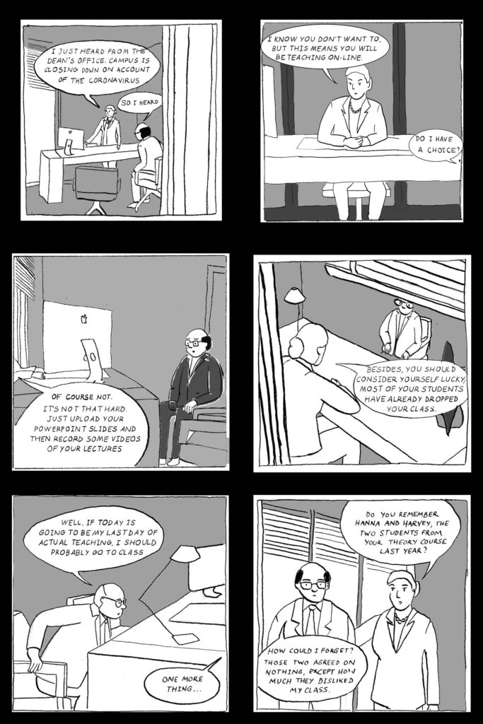 Six panels of Ascher's comic that show a professor and a department chair discussing the need to move the professor's classes online in response to coronavirus.