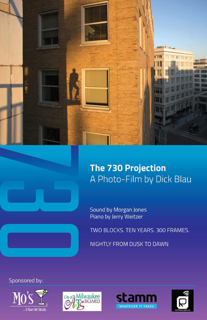 Poster for Dick Blau's 730 Projection at Mo's Bar in 2018-19.